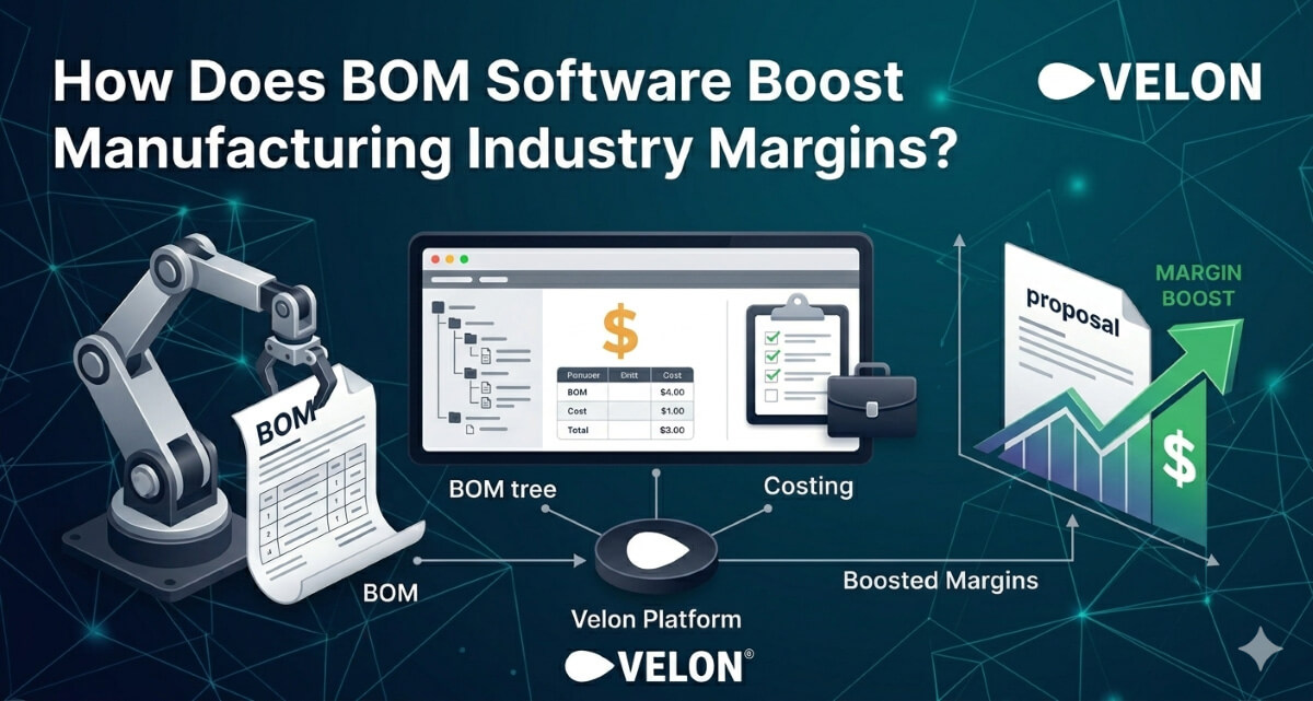 How Does BOM Software like Velon Boost Manufacturing Industry Margins visually explained with small diagrams representing the manufacturing industry and the solution
