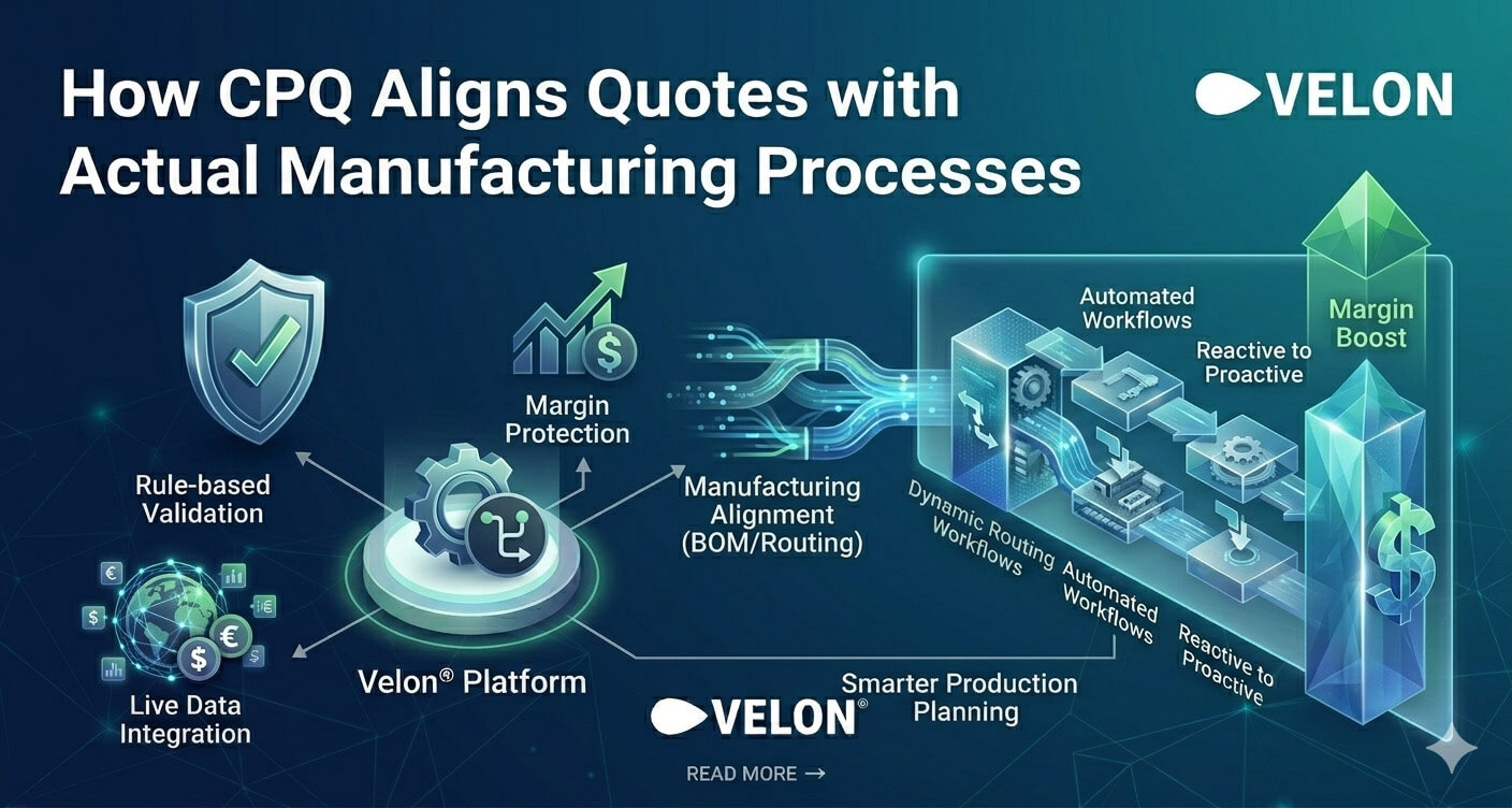 How CPQ Aligns Quotes with Actual Manufacturing Processes visually explained with small diagrams representing the manufacturing industry and the solution