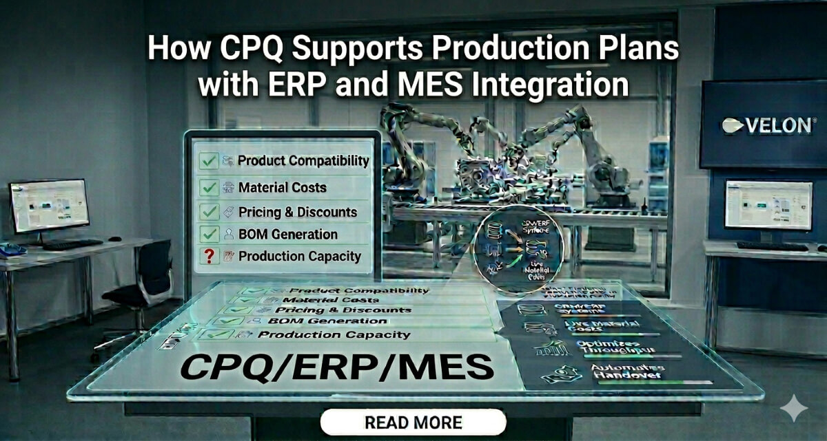 How CPQ Supports Production Plans with ERP and MES Integration displayed on a touchscreen in front of manufacturing robots