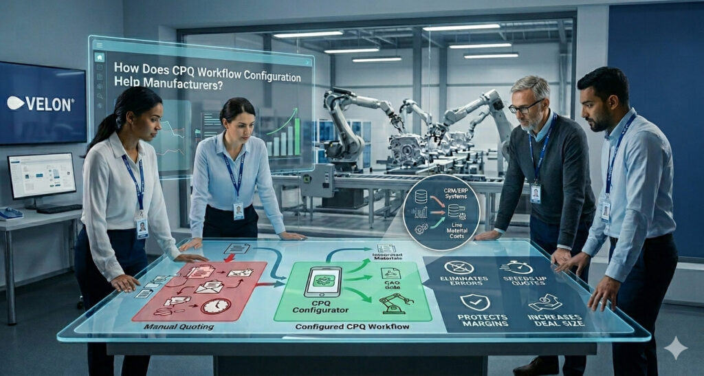 How CPQ Workflow Configuration Helps a Manufacturing Team planning their quotes standing around a workstation table