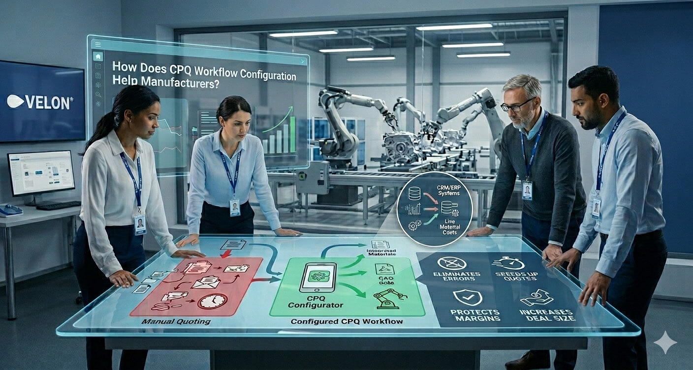 How CPQ Workflow Configuration Helps a Manufacturing Team planning their quotes standing around a workstation table