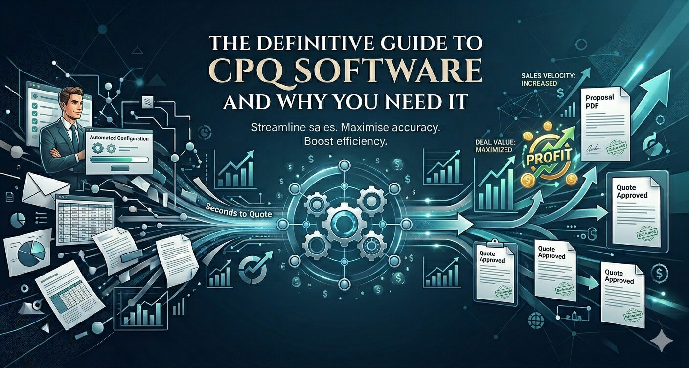 Visual representation of how CPQ works for Fast Quotes, Sales Velocity and Maximised Deals