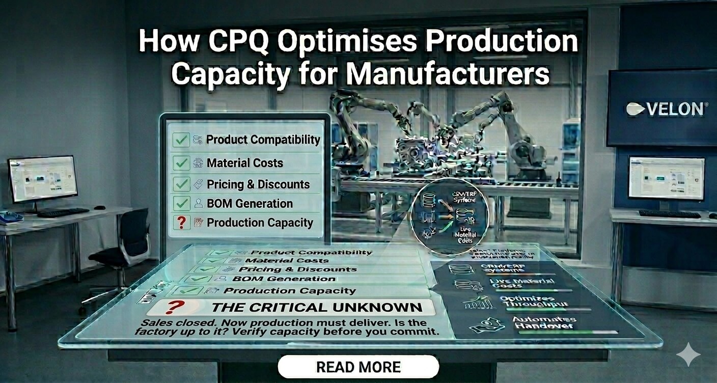 How CPQ Optimises Production Capacity for Manufacturers displayed on a touchscreen in front of manufacturing robots