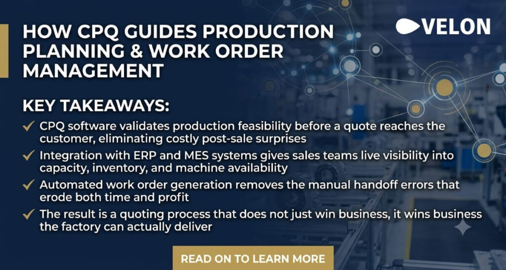 Message on the Key Takeaways on How CPQ Software Guides Production Planning and Work Order Management with dark blue high tech neuron background