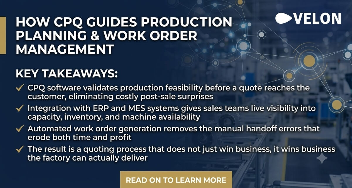 Message on the Key Takeaways on How CPQ Software Guides Production Planning and Work Order Management with dark blue high tech neuron background