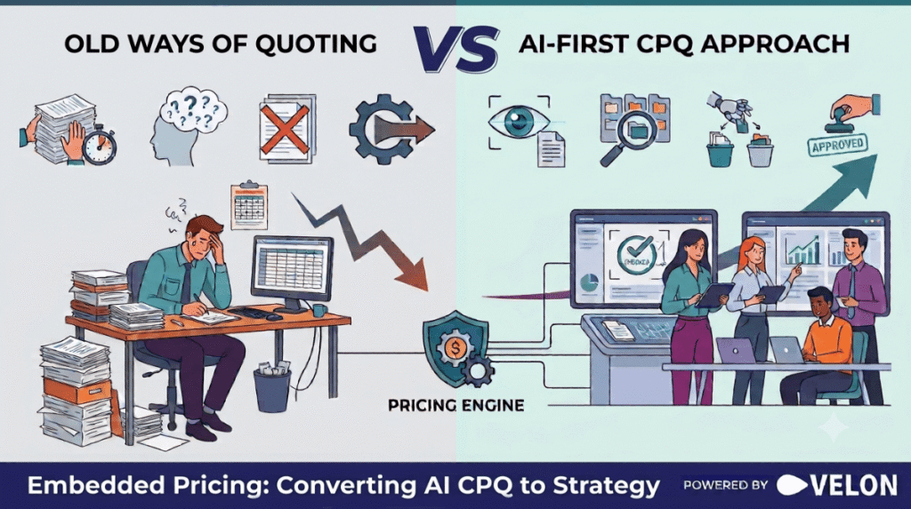 Frustrated Manual Worker vs AI-FIRST CPQ Software Workers indicating a new and profitable way of B2B quoting