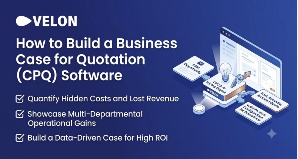Message on how to build a business case for quotation (CPQ) software in the foreground. Tablet with touchscreen modules indicating how at right.