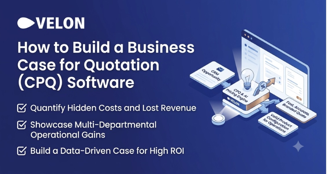 Message on how to build a business case for quotation (CPQ) software in the foreground. Tablet with touchscreen modules indicating how at right.
