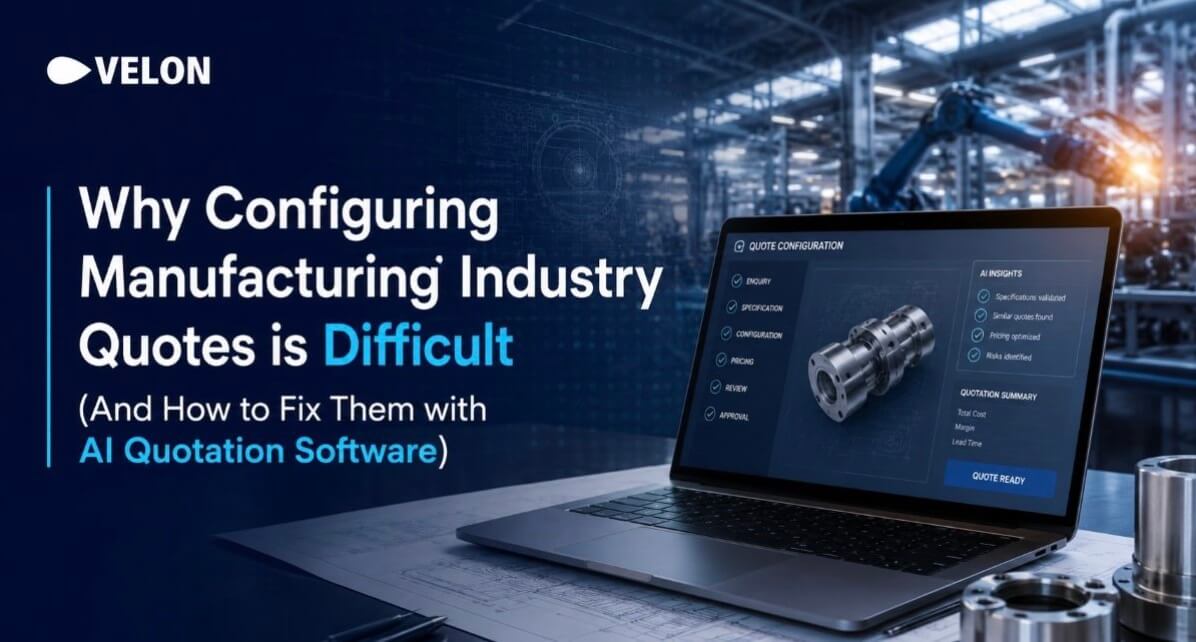 The Velon logo, a modern manufacturing facility with a robotic arm in the background, and a laptop displaying an AI-powered quotation and configuration interface on top of engineering drawings and machined components, representing AI-assisted manufacturing quotation software.
