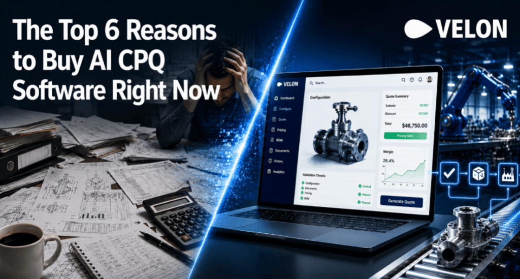 The Top 6 reasons to buy AI CPQ Software Right Now represented by paperwork chaos replaced by digital efficiency