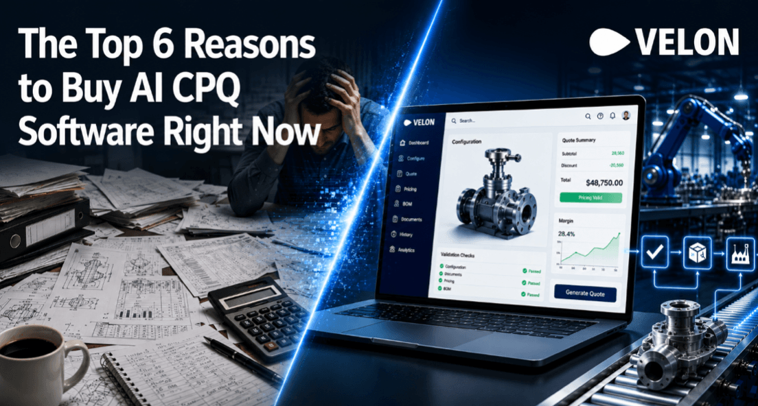 The Top 6 reasons to buy AI CPQ Software Right Now represented by paperwork chaos replaced by digital efficiency.