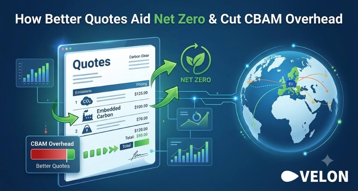 Quoting software on a tablet showing how embedded CO2 emissions assist CBAM reporting on route to eventual net zero manufacturing.