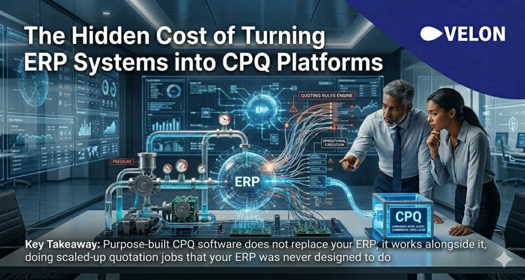 Two work colleagues discuss the hidden cost of turning ERP Systems into CPQ Platforms whilst analysing a futuristic touchscreen schematic
