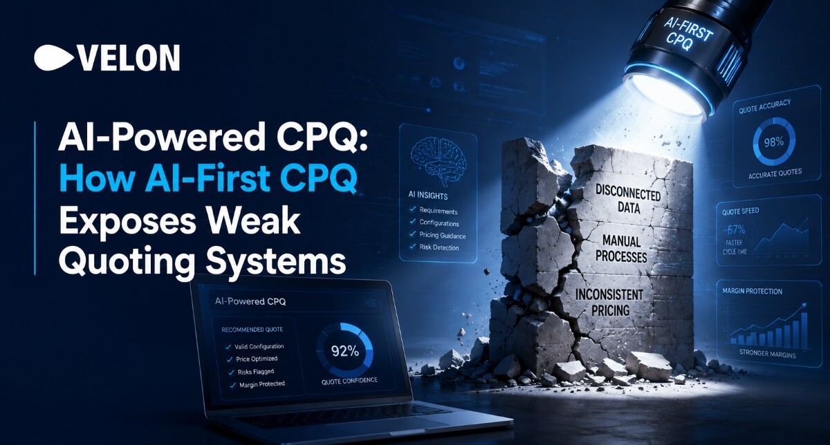 Velon graphic with AI-first CPQ title, laptop and illuminated cracked wall.