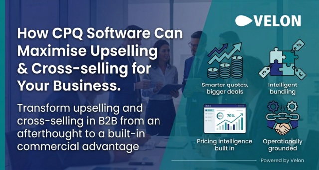 Message on how to transform upselling and cross-selling for a business in the foreground. Sales and pricing team in the background.