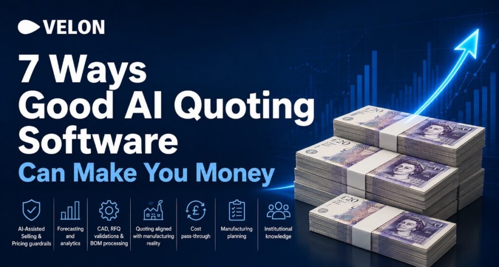 Velon graphic showing AI quoting growth, an upward arrow and stacks of £20 notes.