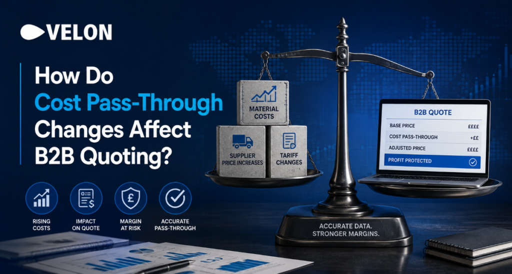 Velon graphic shows a balance scale with rising costs on one side and a B2B quote on the other