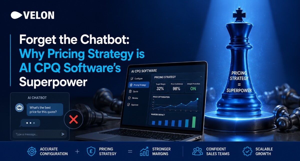 Velon graphic shows a chatbot, laptop with pricing data, and glowing chess king.